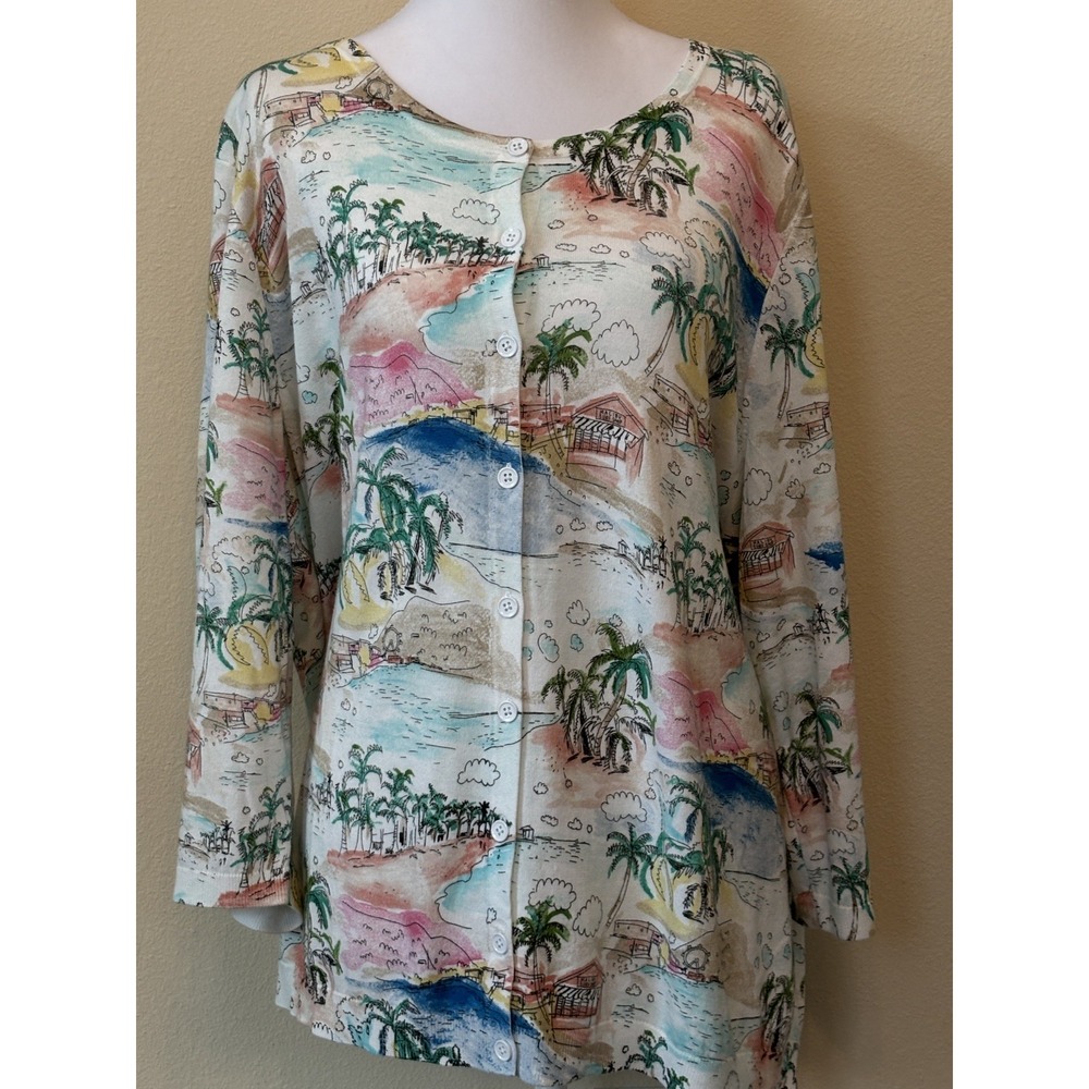 Talbots Womens Plus 2X Charming Cardigan Tropical Coastal Print Button Up NWOT